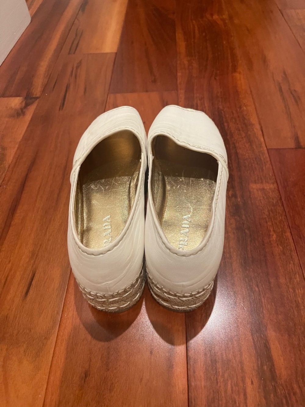 Prada White Leather Espadrille Platform Peep-Toe Slides with Gold Insole - Picture 5 of 5